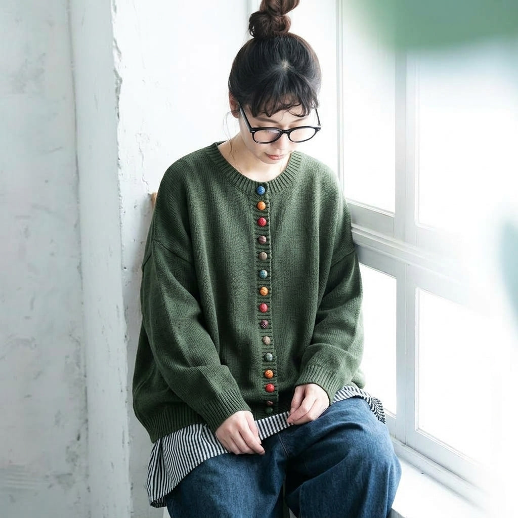 S-3XL ころころボタンのごきげんニット S グリーン