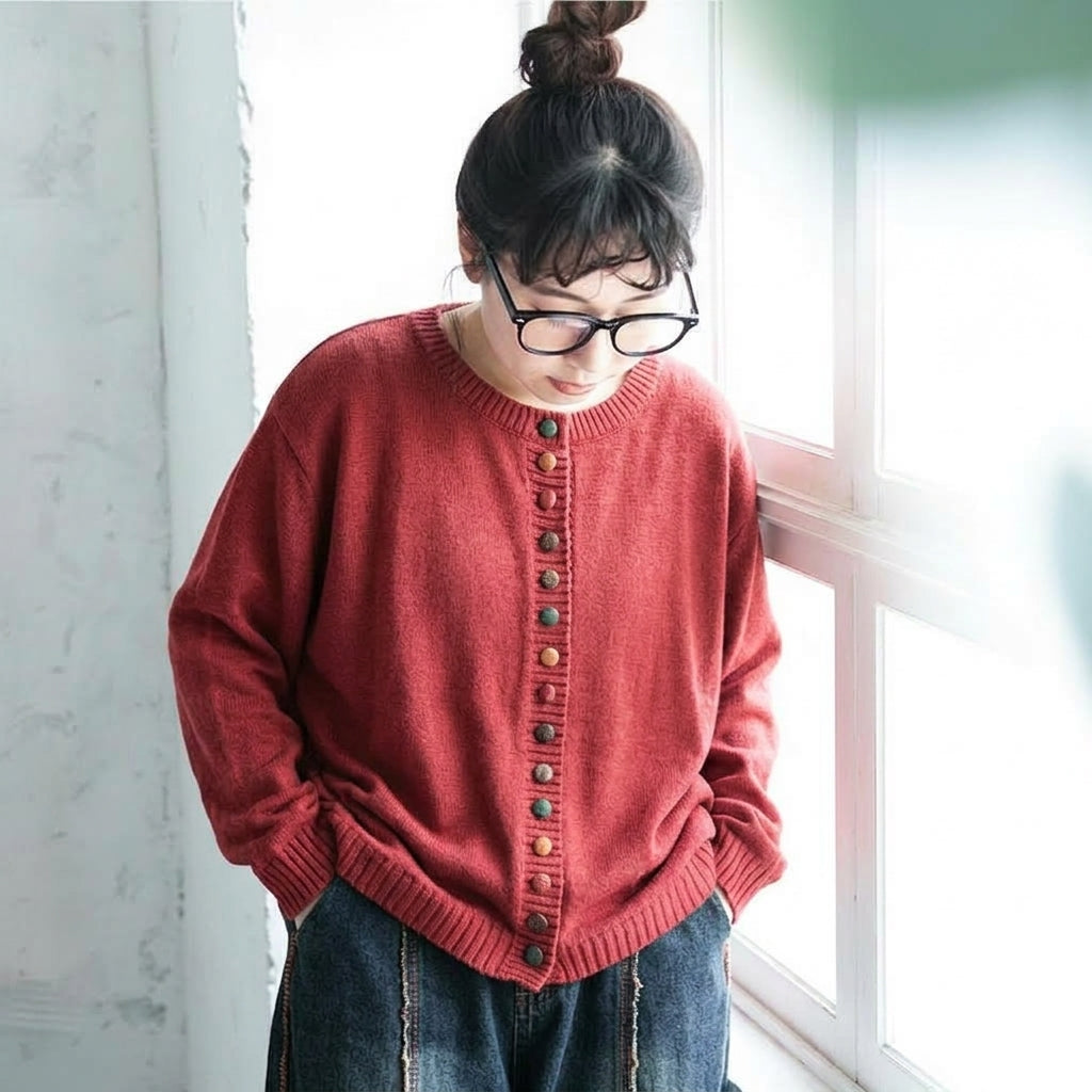 S-3XL ころころボタンのごきげんニット S レンガレッド