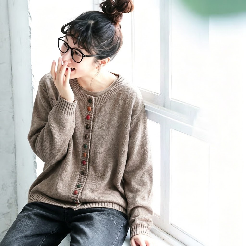 S-3XL ころころボタンのごきげんニット S アプリコット (やや白め)