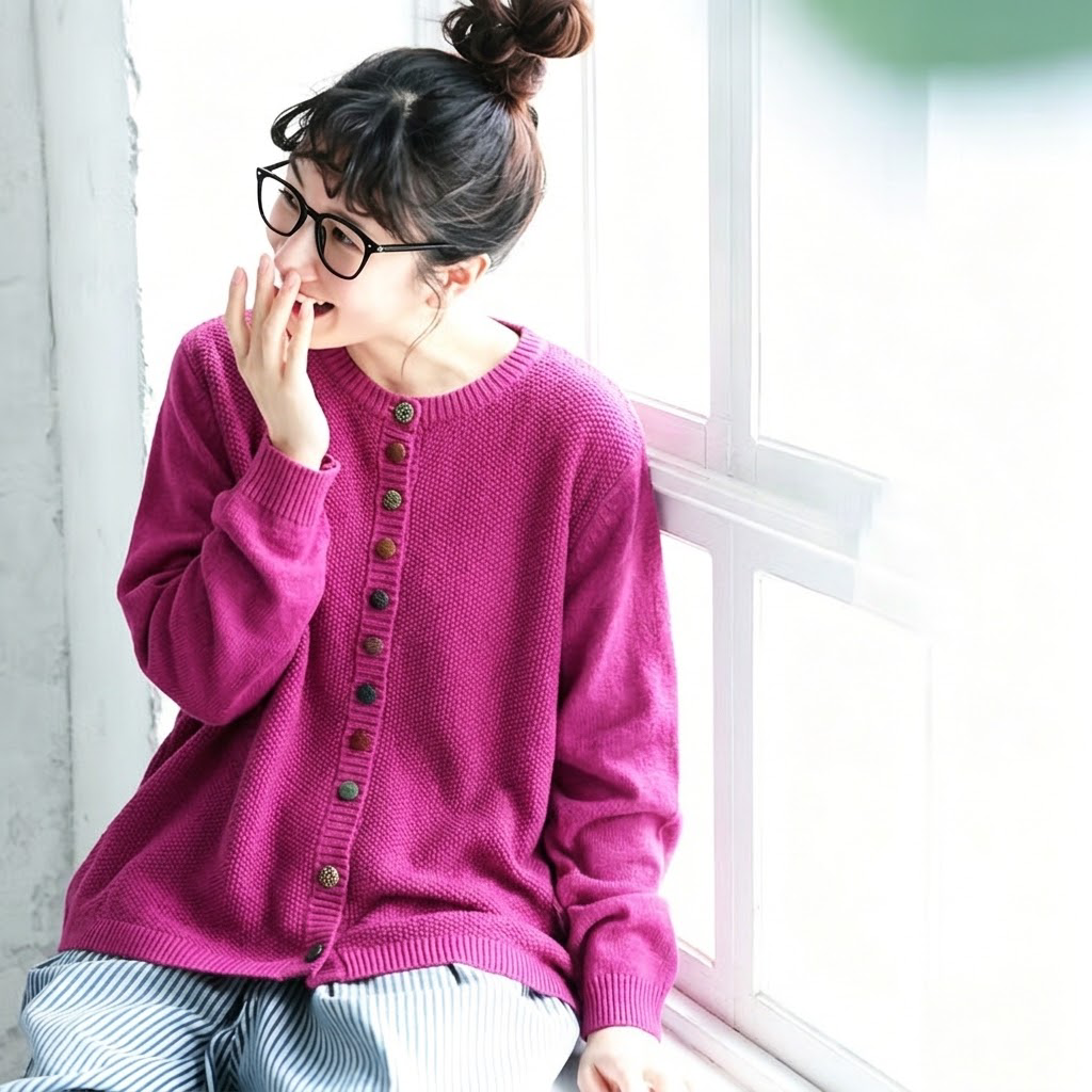 S-3XL ころころボタンのごきげんニット S ローズレッド