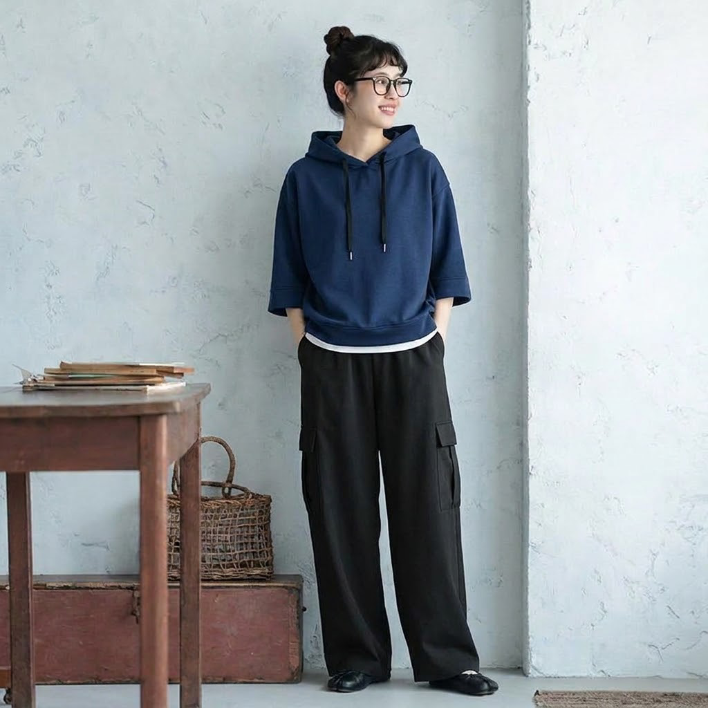 【単品注文】セットアップ 新登場 ポケット付き ノーマルスリーブ 七分袖 無地 ロング丈 カジュアル トップス+パンツ S ネイビー/トップス+ブラック/パンツ/2点セット