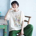 M-2XL 綿麻 プリント 花模様 ラウンドネック  平日 Tシャツ M ホワイト