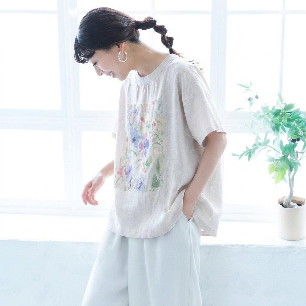 M-2XL 綿麻 プリント 花模様 ラウンドネック  平日 Tシャツ M リネンカラー