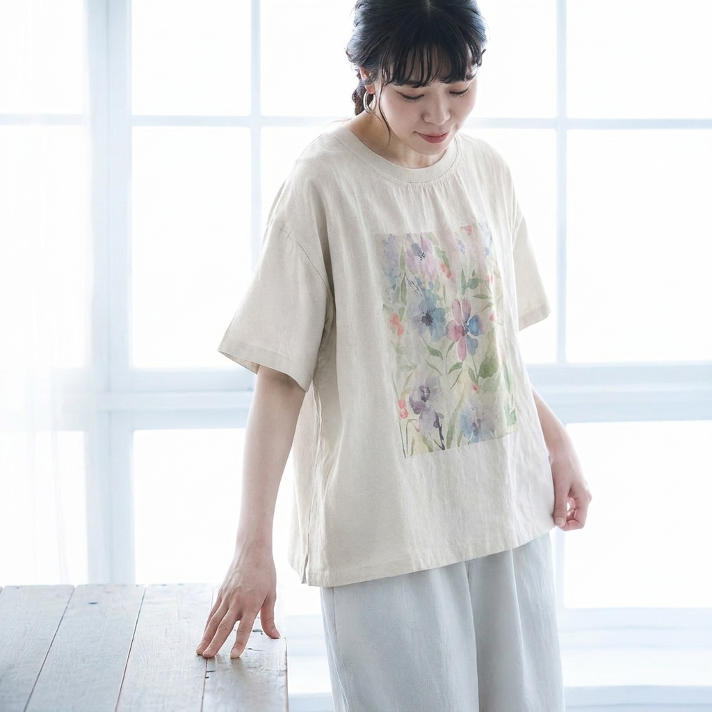 M-2XL 綿麻 プリント 花模様 ラウンドネック  平日 Tシャツ M ホワイト