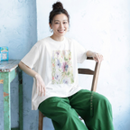 M-2XL 綿麻 プリント 花模様 ラウンドネック  平日 Tシャツ M ホワイト