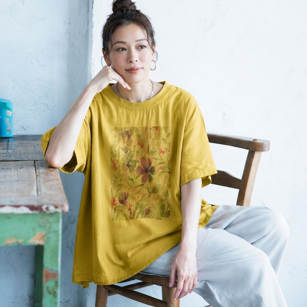 M-2XL 綿麻 プリント 花模様 ラウンドネック  平日 Tシャツ M ホワイト