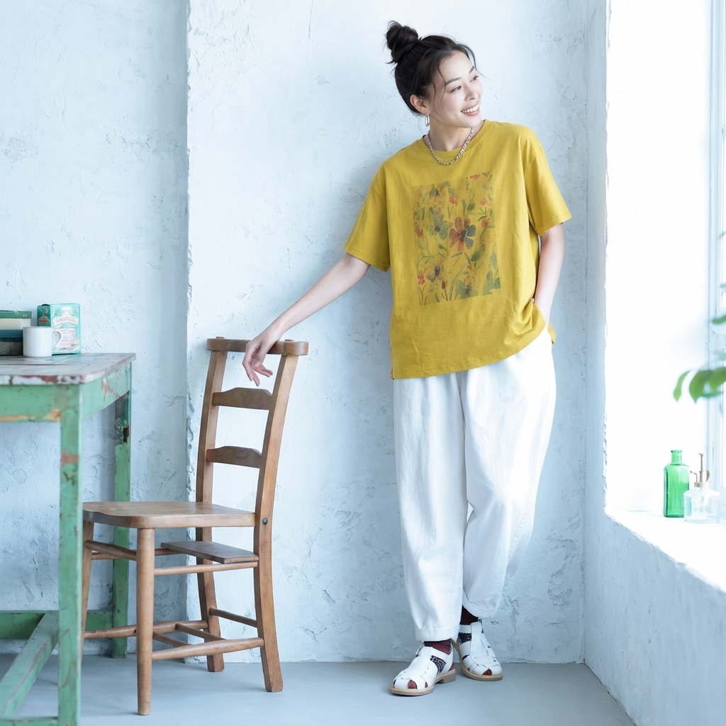 M-2XL 綿麻 プリント 花模様 ラウンドネック  平日 Tシャツ M ホワイト