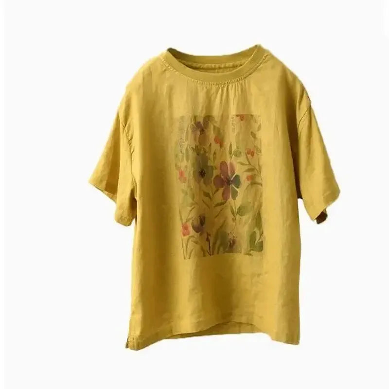M-2XL 綿麻 プリント 花模様 ラウンドネック  平日 Tシャツ M ホワイト