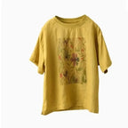 M-2XL 綿麻 プリント 花模様 ラウンドネック  平日 Tシャツ M ホワイト
