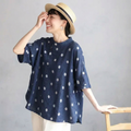 ゆったり 体型カバーも叶うコットンリネン風ドットブラウス(M~2XL) M ブルーホワイトドット