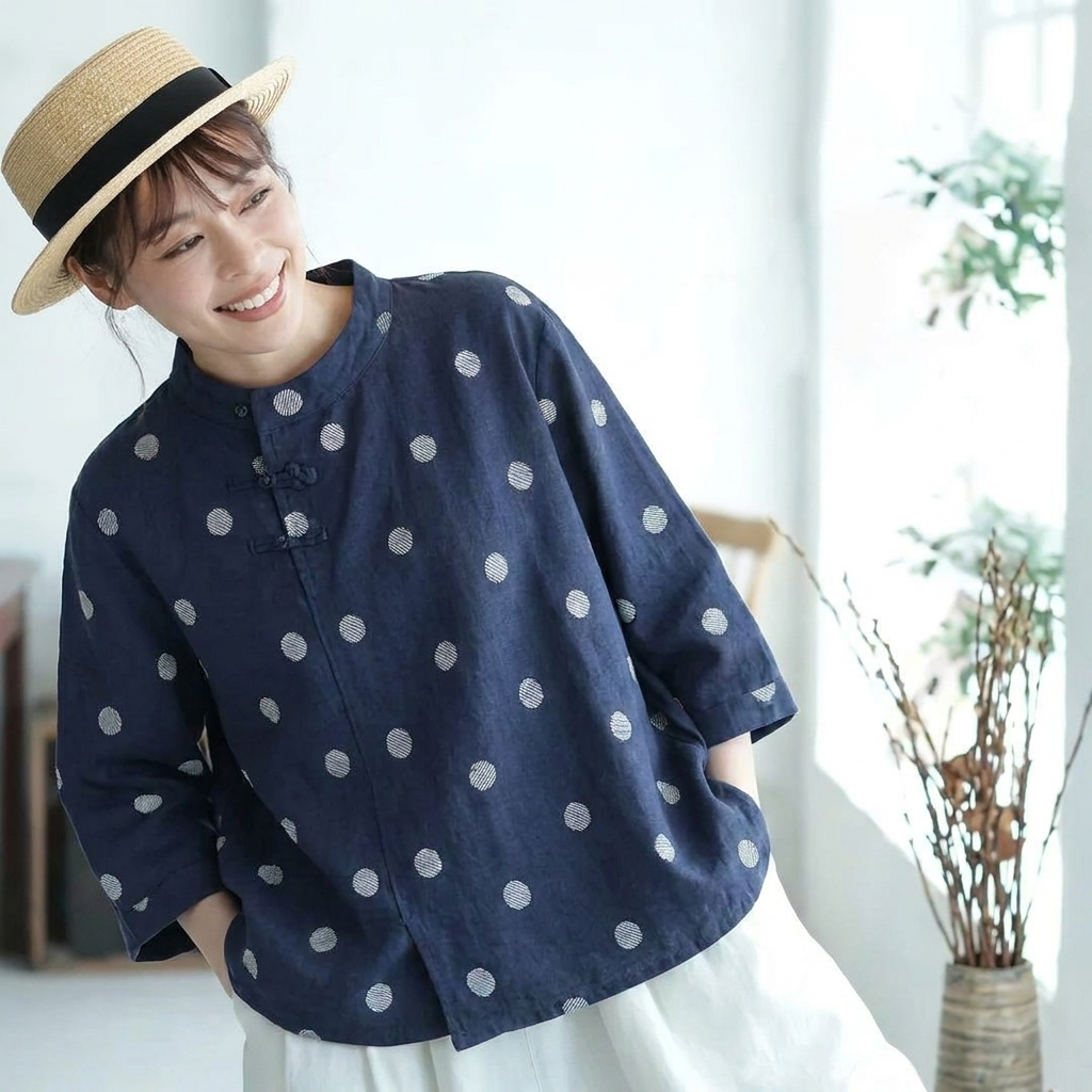 ゆったり 体型カバーも叶うコットンリネン風ドットブラウス(M~2XL) M ブルーホワイトドット