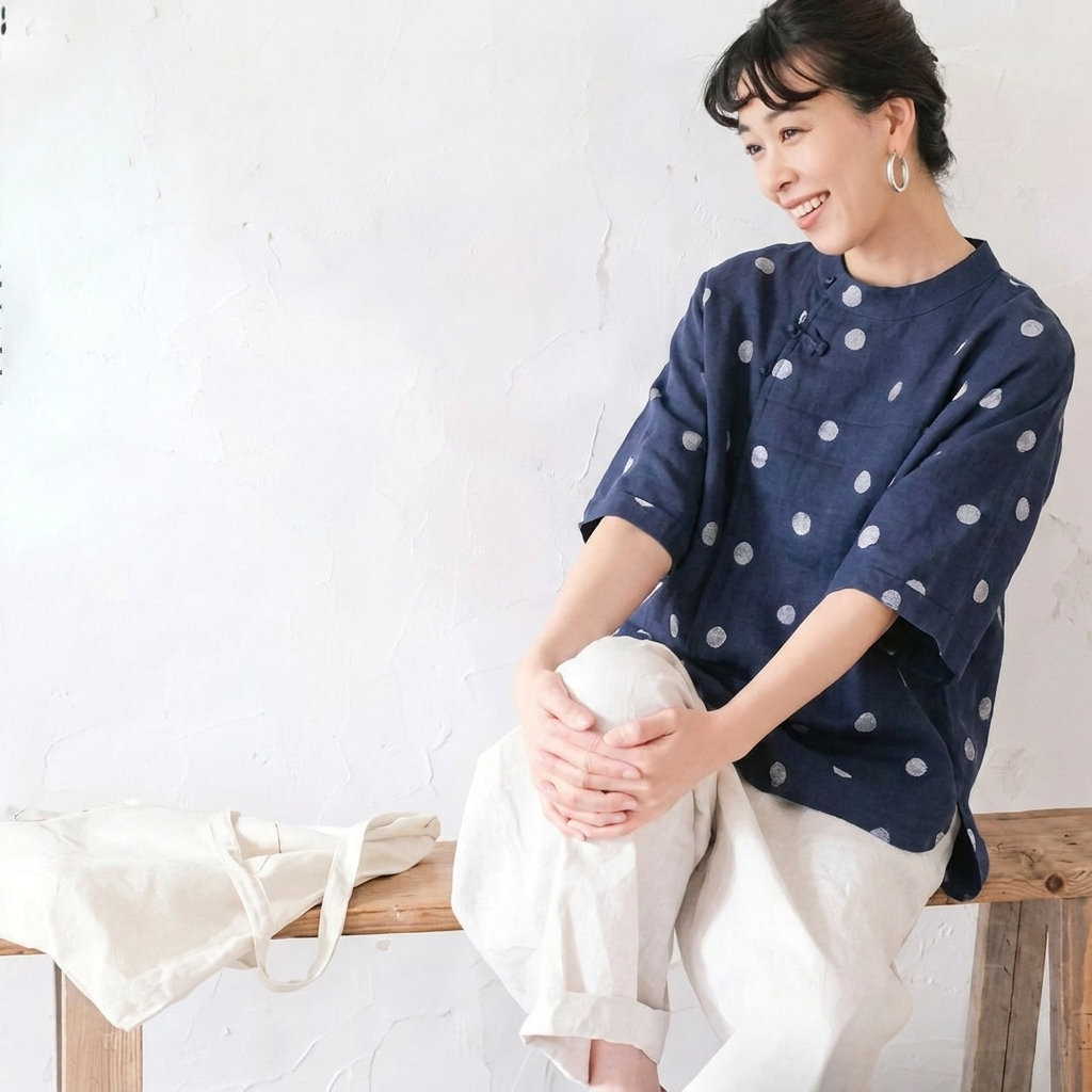 ゆったり 体型カバーも叶うコットンリネン風ドットブラウス(M~2XL) M ブルーホワイトドット