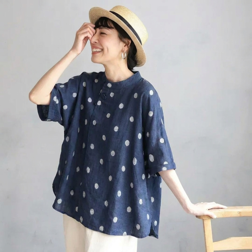 ゆったり 体型カバーも叶うコットンリネン風ドットブラウス(M~2XL) M ブルーホワイトドット