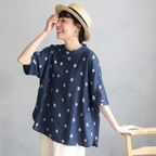 ゆったり 体型カバーも叶うコットンリネン風ドットブラウス(M~2XL) M ブルーホワイトドット