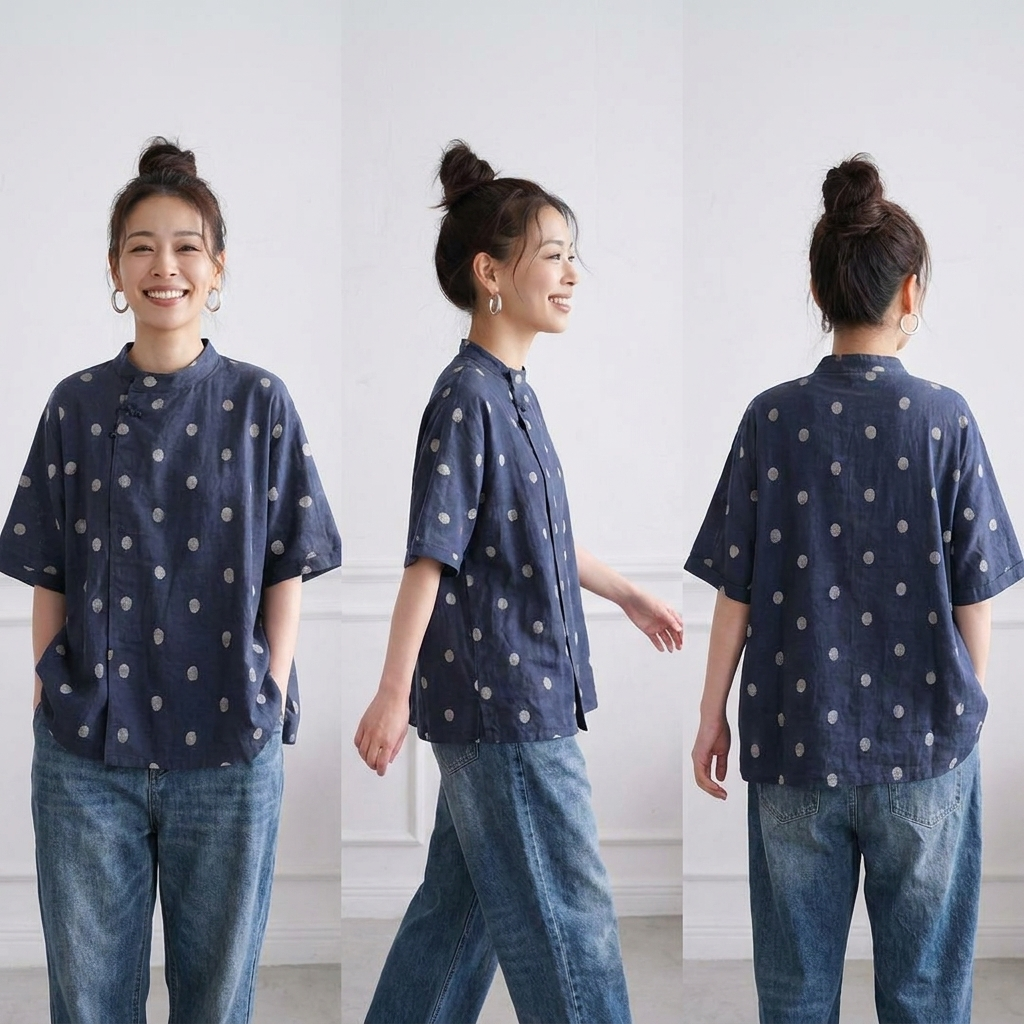 ゆったり 体型カバーも叶うコットンリネン風ドットブラウス(M~2XL) M ブルーホワイトドット