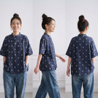 ゆったり 体型カバーも叶うコットンリネン風ドットブラウス(M~2XL) M ブルーホワイトドット