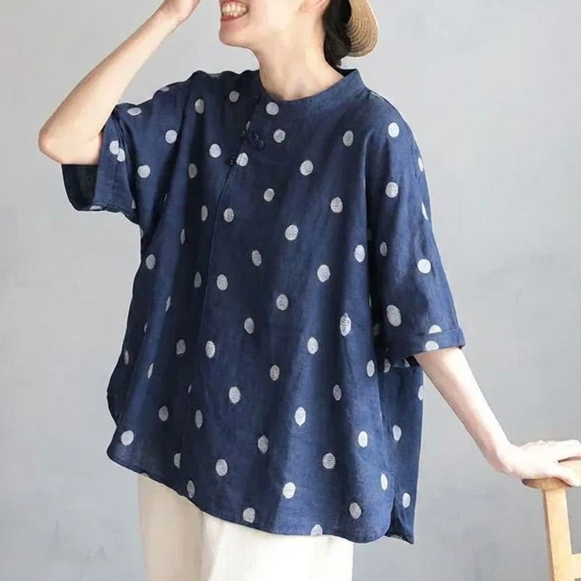 ゆったり 体型カバーも叶うコットンリネン風ドットブラウス(M~2XL) M ブルーホワイトドット