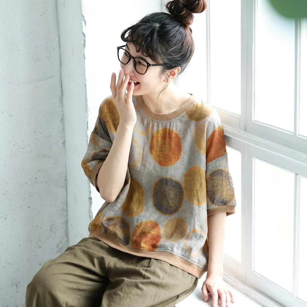 M-3XL 綿麻 ドット柄 半袖 花柄 大人ナチュラル シャツ M コーヒー