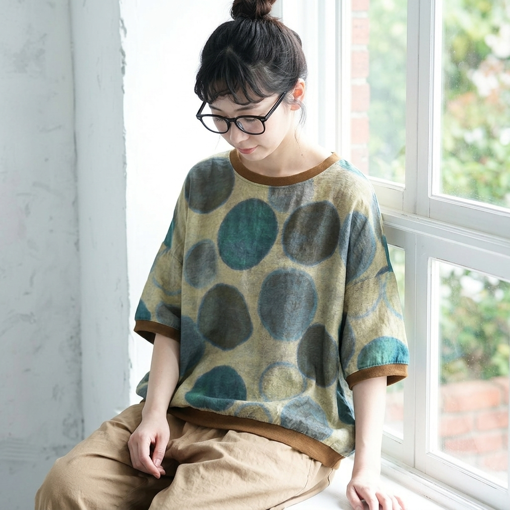 M-3XL 綿麻 ドット柄 半袖 花柄 大人ナチュラル シャツ M ブルー