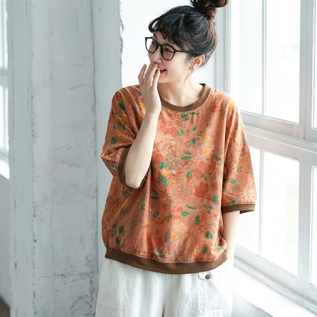 M-3XL 綿麻 ドット柄 半袖 花柄 大人ナチュラル シャツ M オレンジ