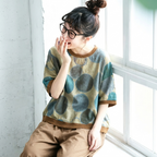 M-3XL 綿麻 ドット柄 半袖 花柄 大人ナチュラル シャツ M コーヒー