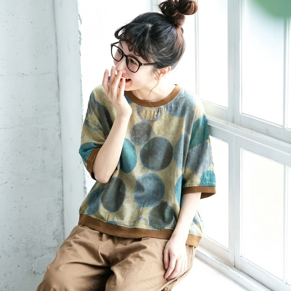 M-3XL 綿麻 ドット柄 半袖 花柄 大人ナチュラル シャツ M コーヒー