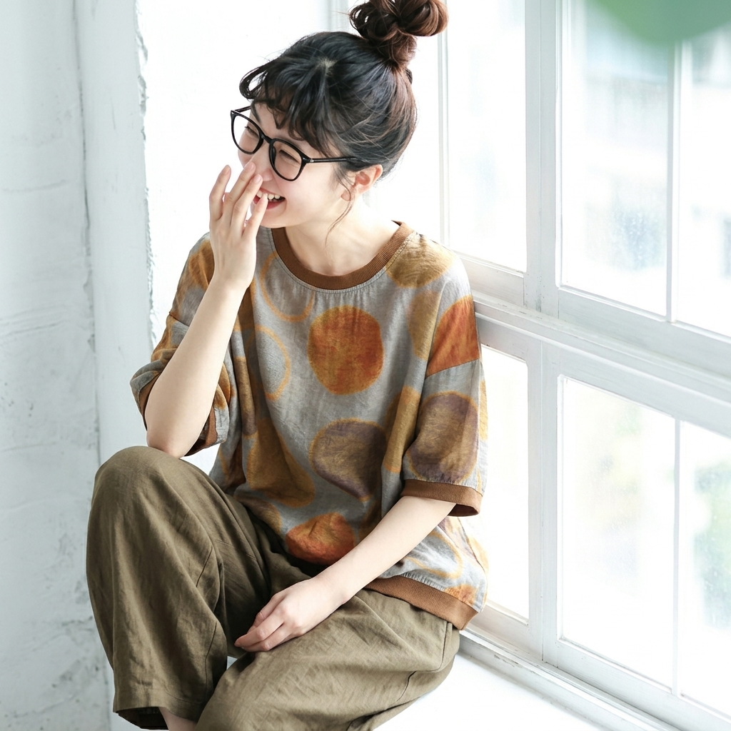 M-3XL 綿麻 ドット柄 半袖 花柄 大人ナチュラル シャツ M コーヒー