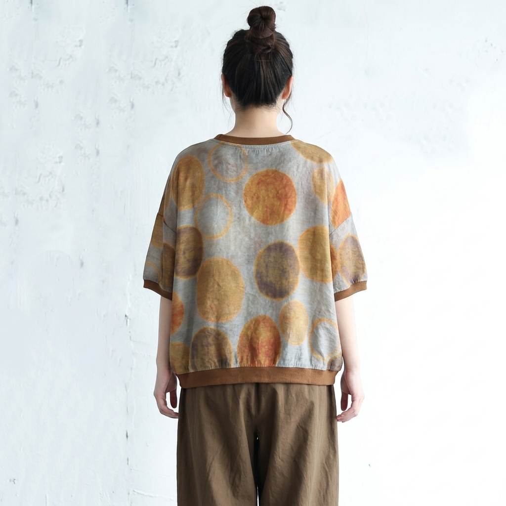 M-3XL 綿麻 ドット柄 半袖 花柄 大人ナチュラル シャツ M コーヒー