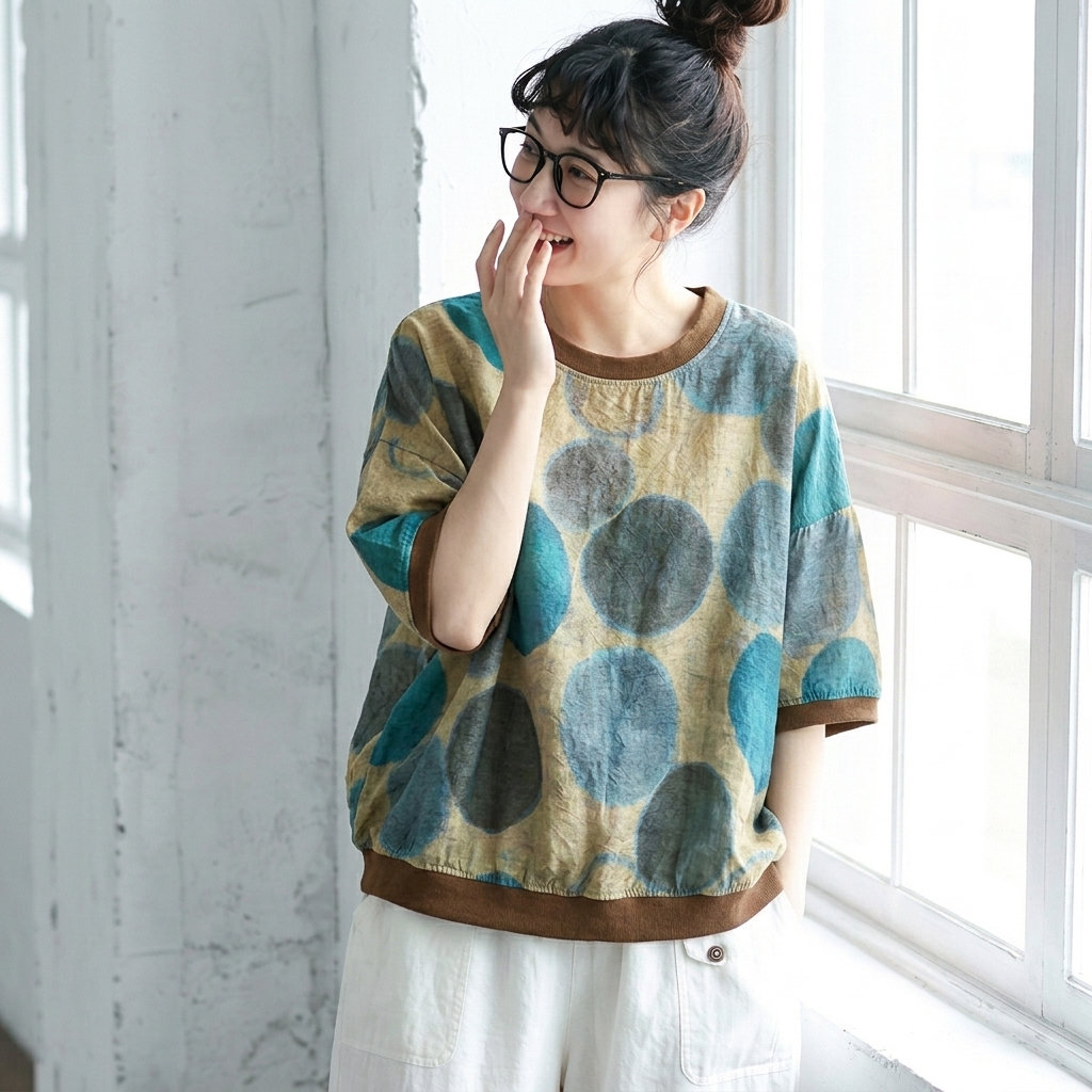 M-3XL 綿麻 ドット柄 半袖 花柄 大人ナチュラル シャツ M コーヒー