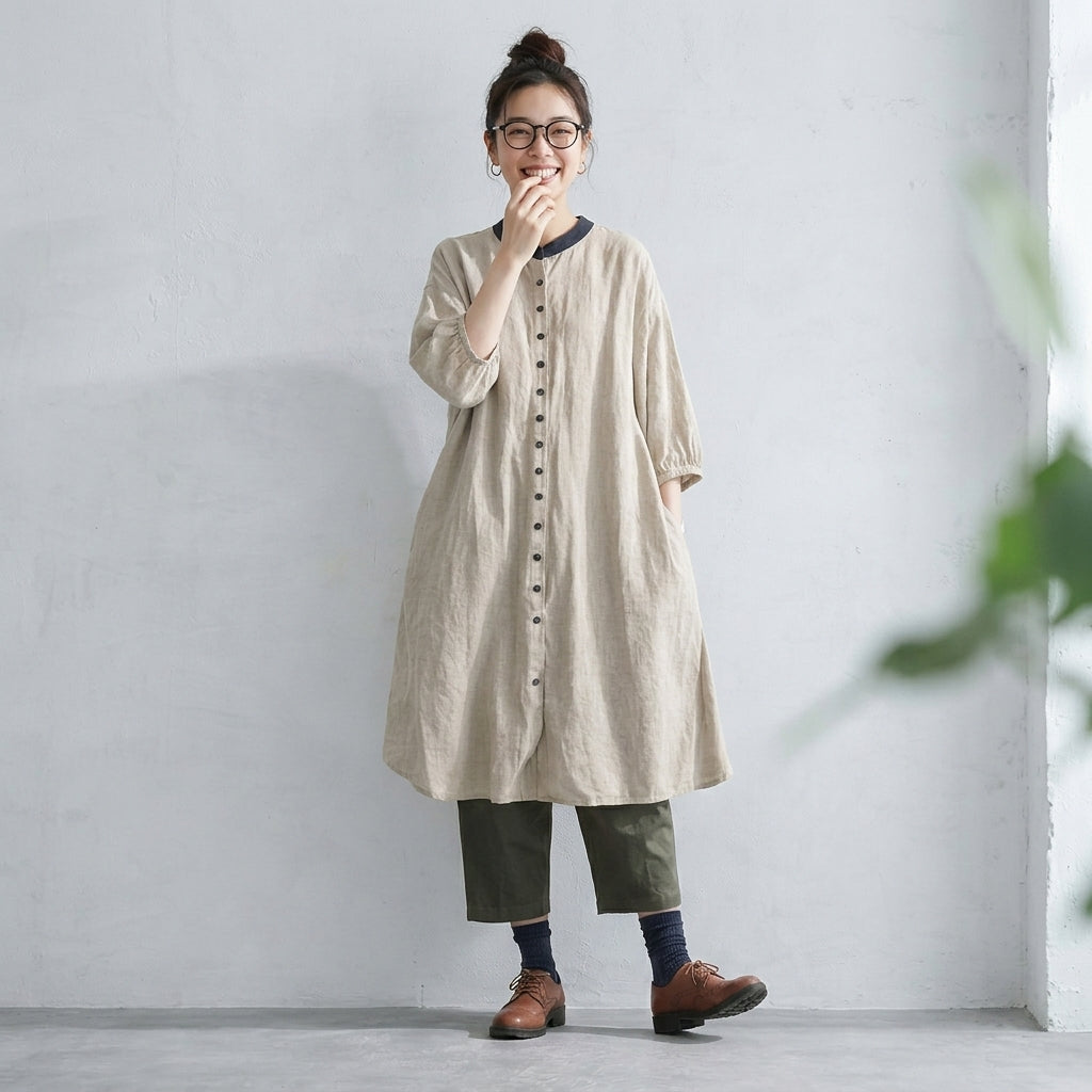 M-2XL リラックス感たっぷり リネン調ワンピース カーディガン カジュアルなお出かけに M リネン