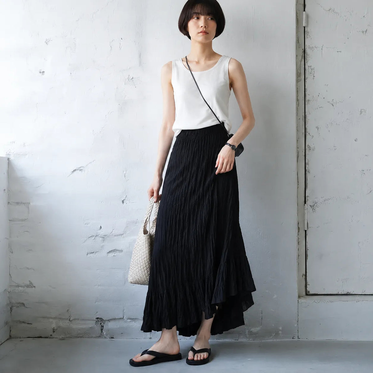 S-XL スカート シワ加工 ロング丈 ナチュラル コットン混紡 S ブラック
