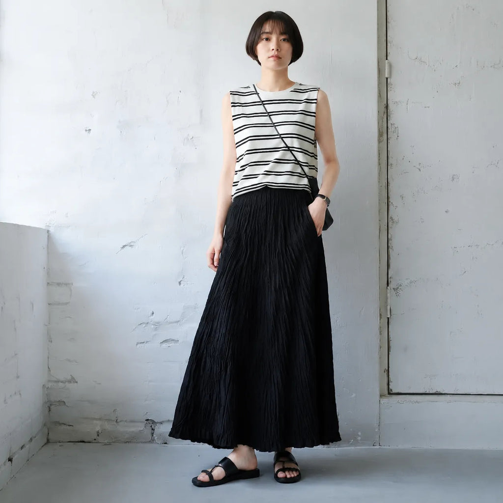 S-XL スカート シワ加工 ロング丈 ナチュラル コットン混紡 S ブラック