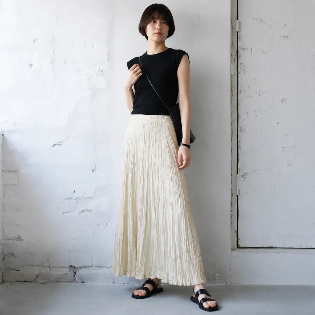 S-XL スカート シワ加工 ロング丈 ナチュラル コットン混紡 S ブラック