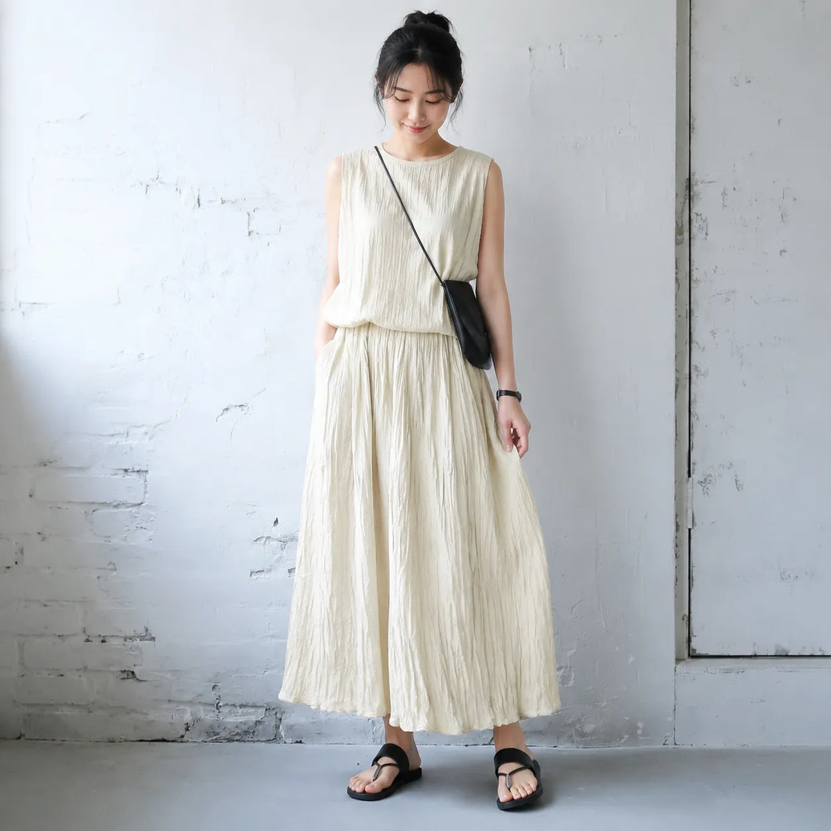 S-XL スカート シワ加工 ロング丈 ナチュラル コットン混紡 S ブラック