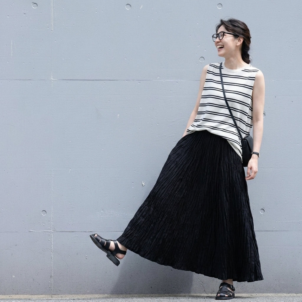 S-XL スカート シワ加工 ロング丈 ナチュラル コットン混紡 S ブラック