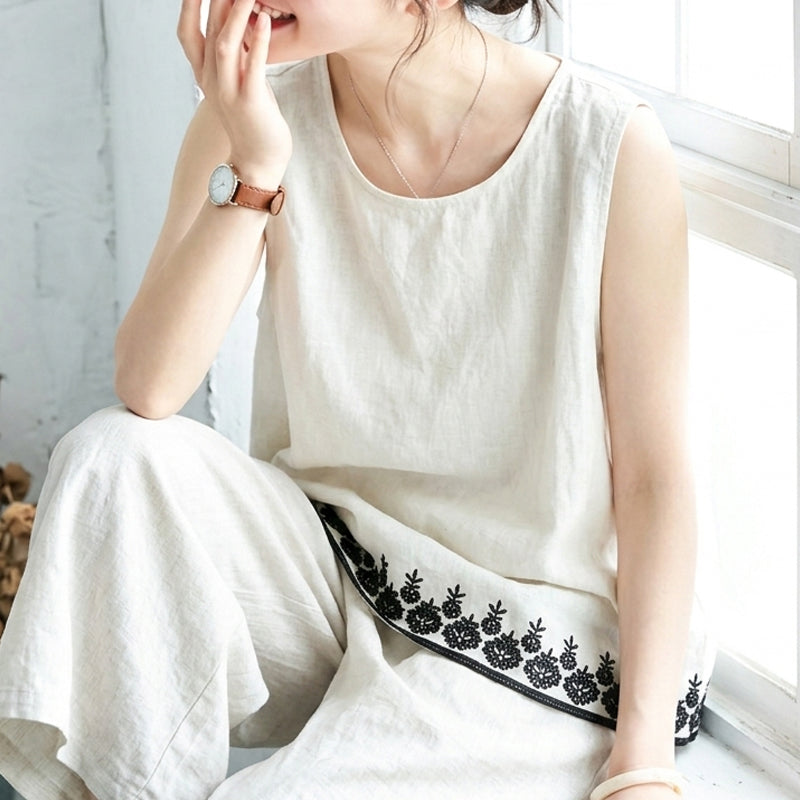 L-4XL お買い得！ 刺繍 ラウンドネック ノースリーブ シンプル タンクトップ L ホワイト