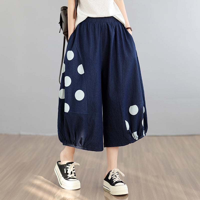 M-XL コットン ポリエステル プリント クロップド丈（7分丈）ドット柄 カジュアルパンツ M ダークブルー