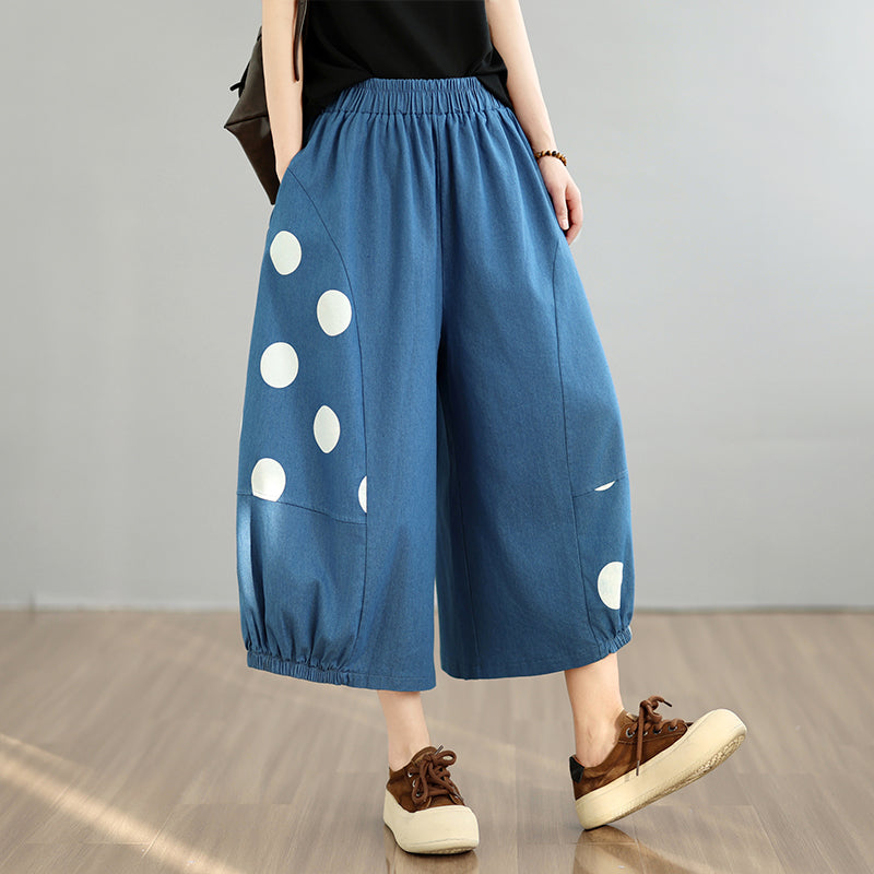 M-XL コットン ポリエステル プリント クロップド丈（7分丈）ドット柄 カジュアルパンツ M ライトブルー