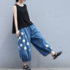 M-XL コットン ポリエステル プリント クロップド丈（7分丈）ドット柄 カジュアルパンツ M ダークブルー