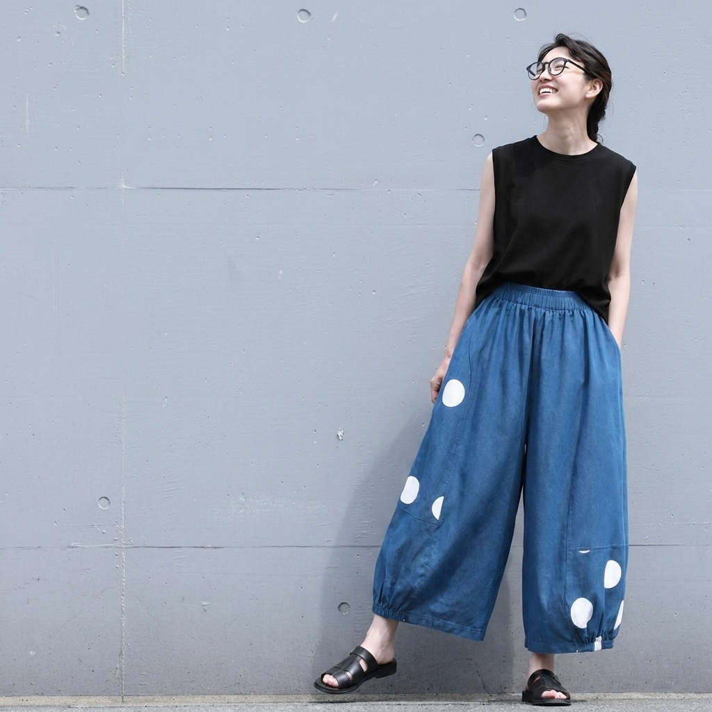 M-XL コットン ポリエステル プリント クロップド丈（7分丈）ドット柄 カジュアルパンツ M ダークブルー