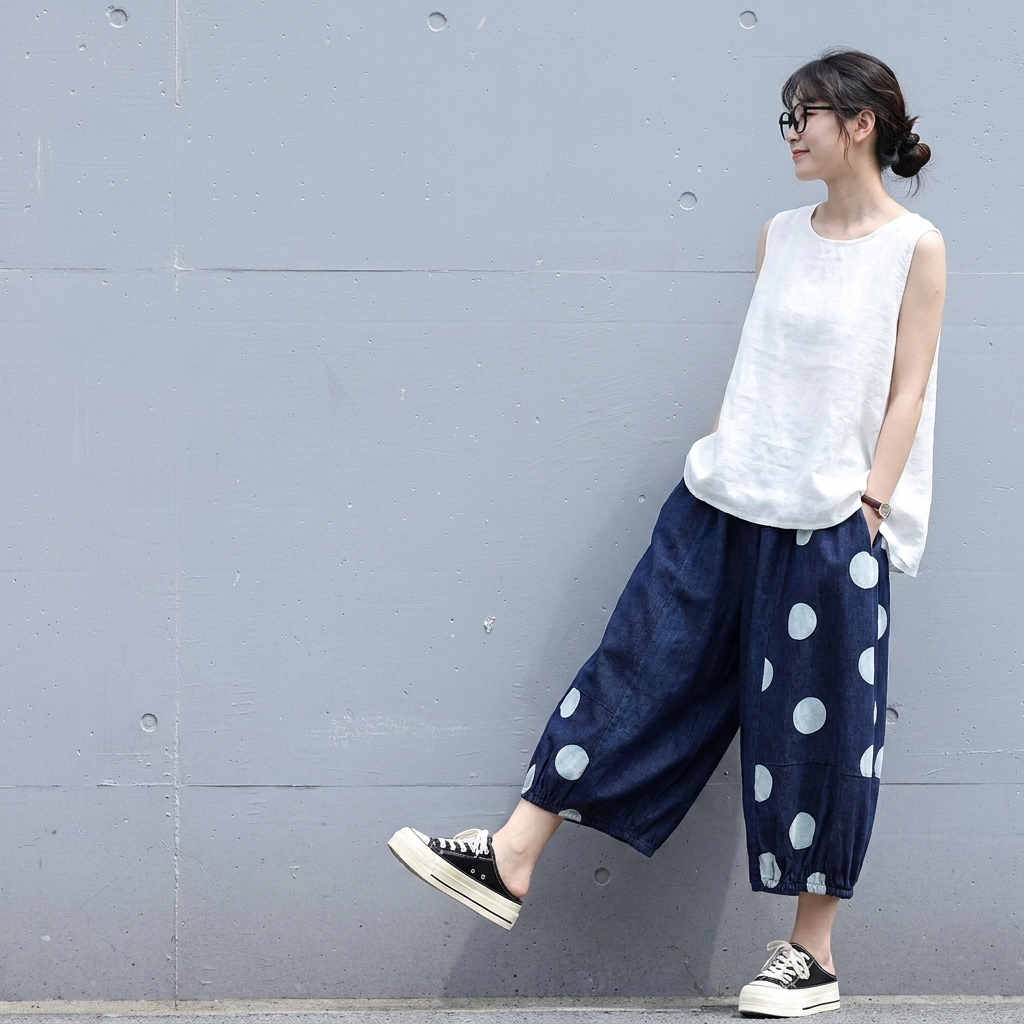 M-XL コットン ポリエステル プリント クロップド丈（7分丈）ドット柄 カジュアルパンツ M ダークブルー