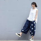 M-XL コットン ポリエステル プリント クロップド丈（7分丈）ドット柄 カジュアルパンツ M ダークブルー