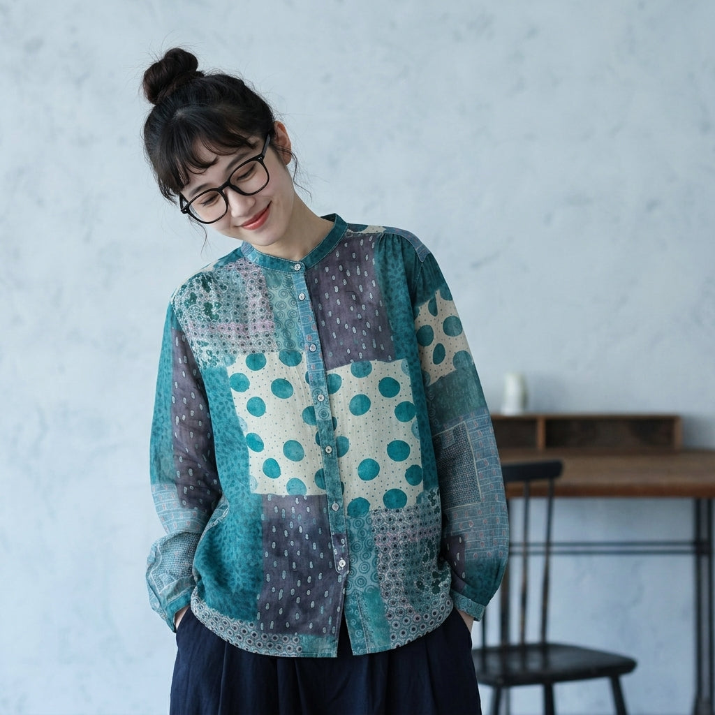 M-3XL 買わなきゃ損 花柄 レトロ シングルブレスト スタンドネック 長袖 シャツ M フリー