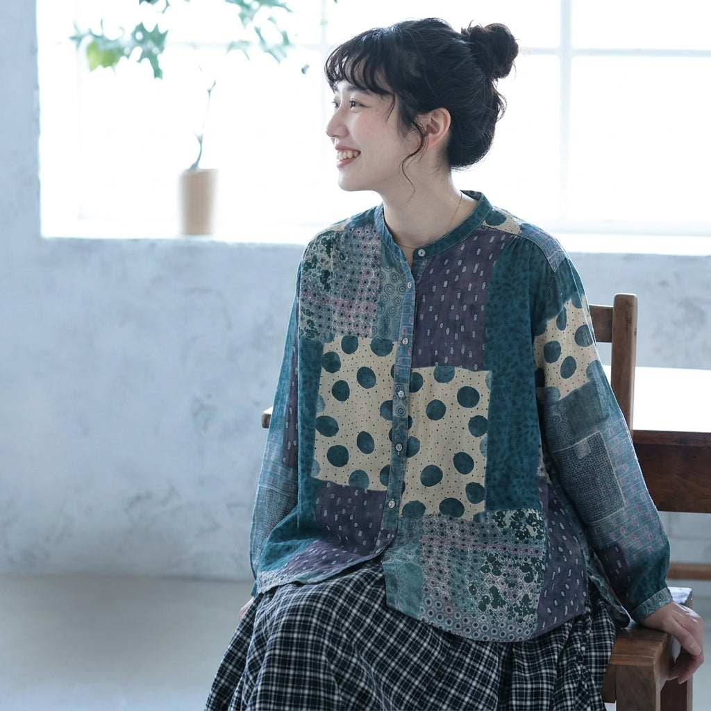 M-3XL 買わなきゃ損 花柄 レトロ シングルブレスト スタンドネック 長袖 シャツ M フリー