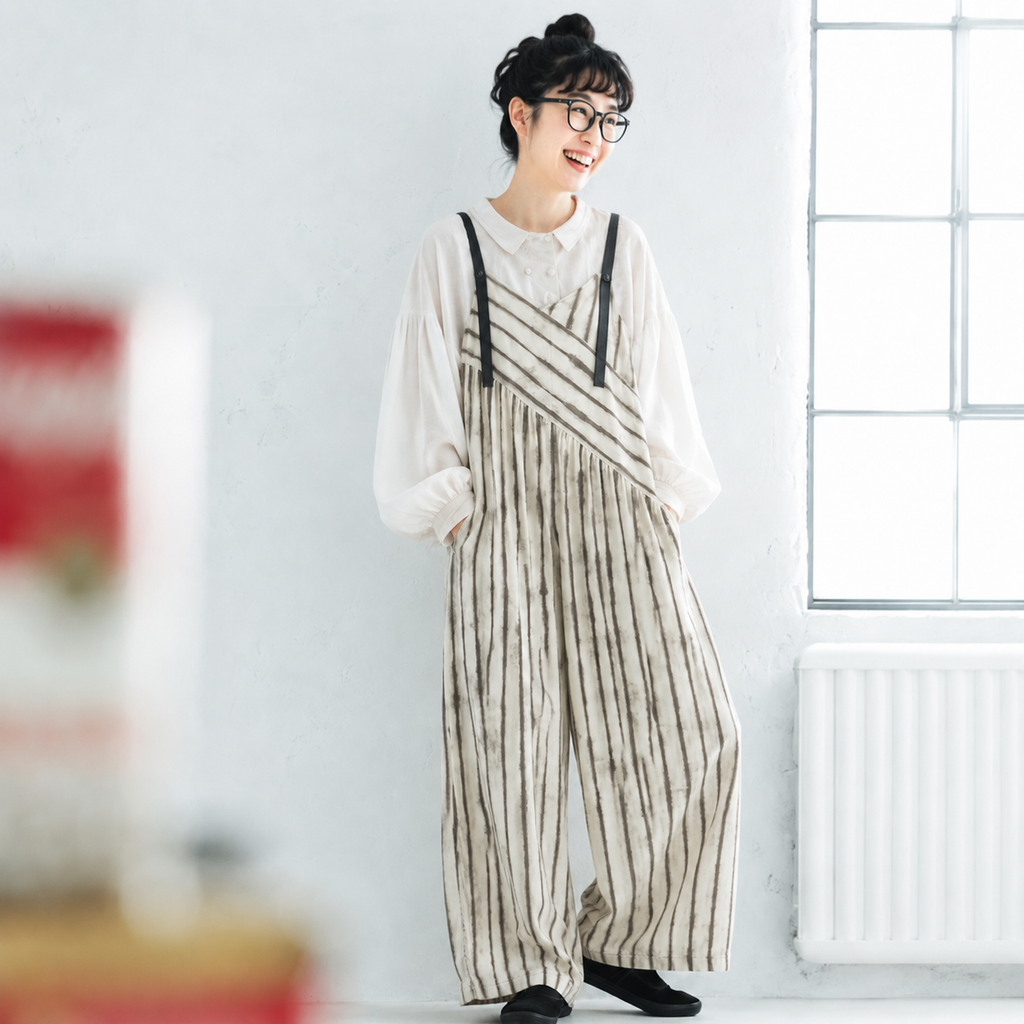 M-XL ロング丈 ハイウエスト ボーダー 半袖 カジュアル オールインワン M カーキストライプ（トップスなし）