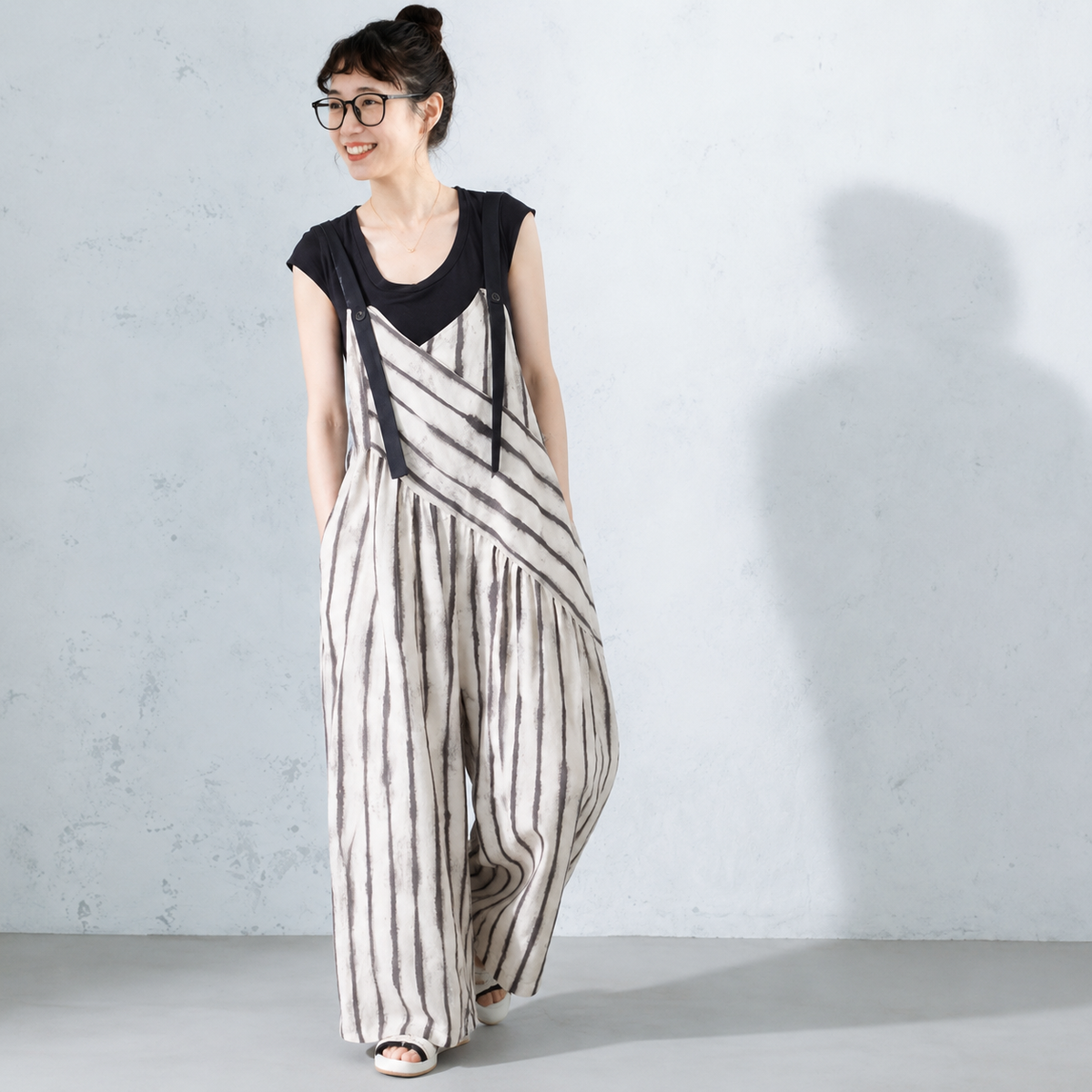 M-XL ロング丈 ハイウエスト ボーダー 半袖 カジュアル オールインワン M カーキストライプ（トップスなし）