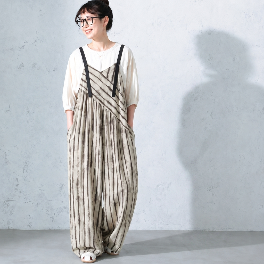 M-XL ロング丈 ハイウエスト ボーダー 半袖 カジュアル オールインワン M カーキストライプ（トップスなし）