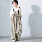 M-XL ロング丈 ハイウエスト ボーダー 半袖 カジュアル オールインワン M カーキストライプ（トップスなし）