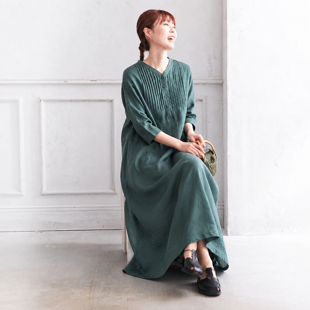 M-3XL 綿麻 リーツ 五分袖 無地 シンプル 半袖ワンピース M グリーン