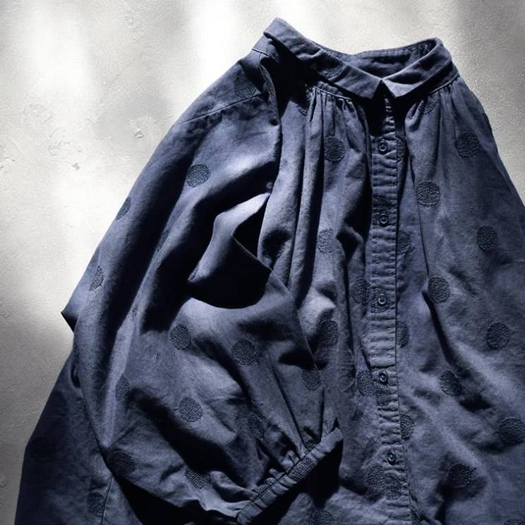 【ゆったり】可愛いドット柄シャツ S/M/L 体型カバー さらっと着られて、毎日着たくなる！ S ネイビー
